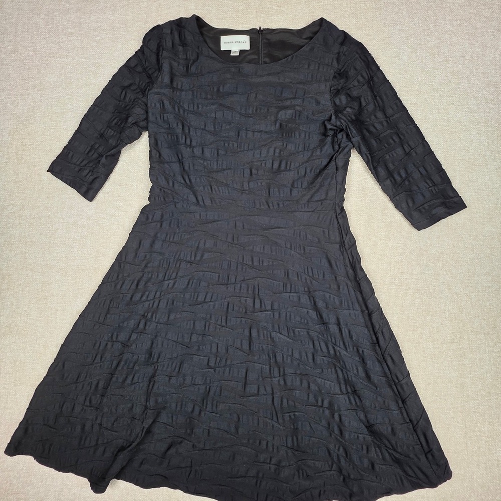 Donna Morgan Black Textured Wave Fit and Flare Dress 3/4 Sleeve Size 12